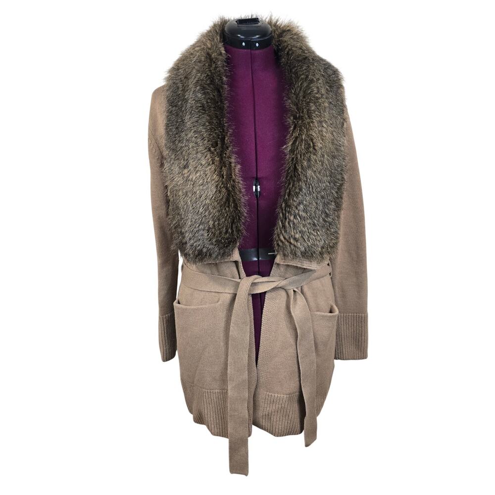 Women's Banana Republic Tan Belted Sweater Cardigan Faux Fur Trim | Size Small - Picture 1 of 7